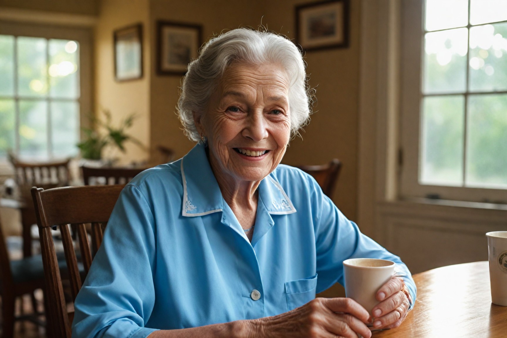 A smiling older woman enjoying a cup of tea at home